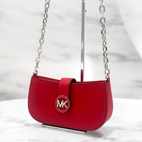 Michael Kors Carmen Small Pouchette Crossbody Bag Red/Silver - Picture 1 of 9